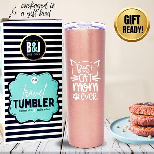 Brooke & Jess Designs Cat Tumbler - 20 oz Funny Cat Mom Gifts for Women, Insulated Mug for Coffee or Tea