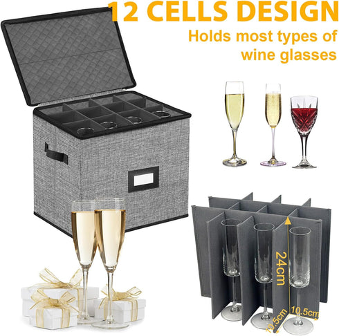 Champagne Flute Storage Box, Quilted Hard Shell Container for Wine Glasses, Stackable, Grey
