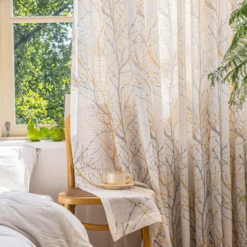 FMFUNCTEX Linen Semi Sheer Curtains - Yellow White 45 Inches Long for Bedroom, Grey Tree Branch Print