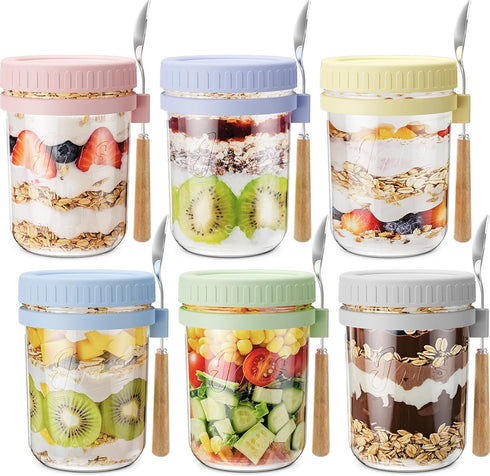 16oz 6 Pack HomArtist Overnight Oats Containers with Lids and Spoons, Wide Mouth Mason Jars with Airtight Lids