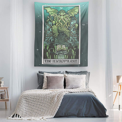 Cthulhu The Hierophant Tarot Card Tapestry Wall Hanging, H.P. Lovecraft Horror Home Decor, 60" x 50"