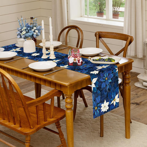 Poinsettia 13x108 Inch Winter Navy Blue Table Runner Christmas Floral Burlap Table Runners, Xmas Holiday Seasonal