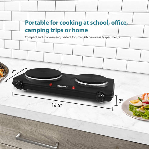 Elite Gourmet EDB-302BF Black Countertop Double Cast Iron Burner, 1500 Watts, Easy to Clean