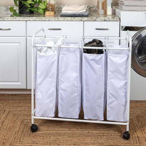 4 Household Essentials Rolling Laundry Sorter, Bag Laundry Sorter Cart with Washable and Removable Bags, White