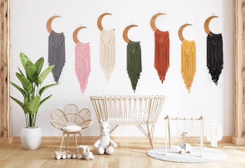 ANROYE Macrame Wall Hanging Boho Moon Decor, Bohemian Crescent Wooden Ornament with Long Tassel, Handmade Unique Wood