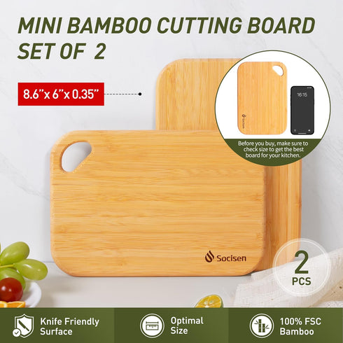 2 Pack 8.6" 6" Set Small Bamboo Wood Cutting Board for Kitchen x Mini Wooden Charcuterie Boards Lightweight Chopping