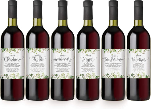 Printed Party Marriage Milestones, Greenery Wedding Firsts, 6 Wine Bottle Labels