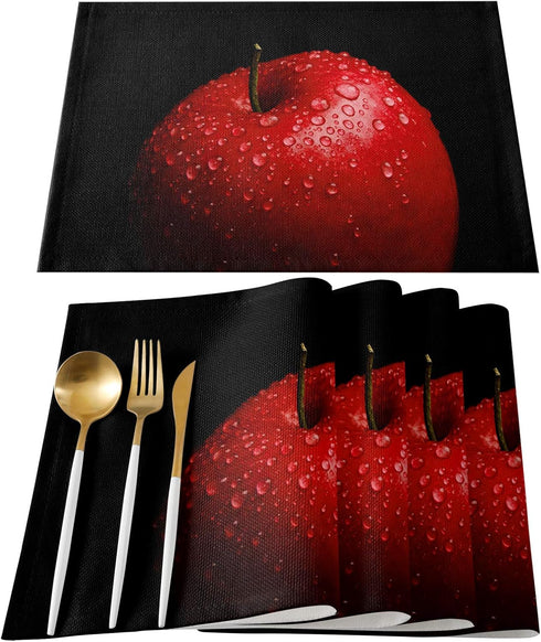 SUN-Shine Black Placemats Set of 4, Red Apples Painting for Dining Table Decorations, Washable Table Mats