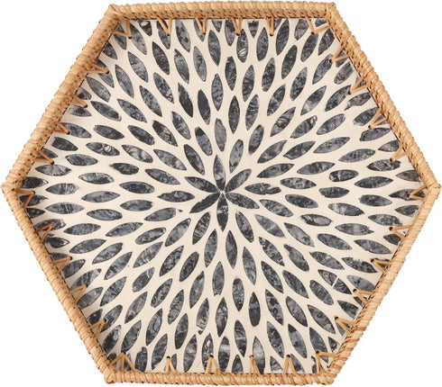Hexagon Rattan Tray with Mother of Pearl Inlay, Rattan Serving Tray for