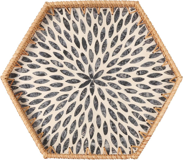 Hexagon Rattan Tray with Mother of Pearl Inlay, Rattan Serving Tray for