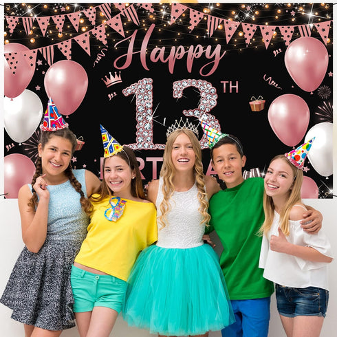 13th Birthday Decorations Backdrop Banner, Happy 13th Birthday Sign for Girls, Rose Gold Photography Background