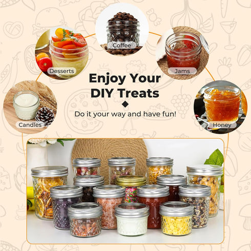 40 Pack 4oz CycleMore Clear Mason Jars With One Piece Silver Lids, Mini Glass Canisters, Spice Bottles, Canning Jars