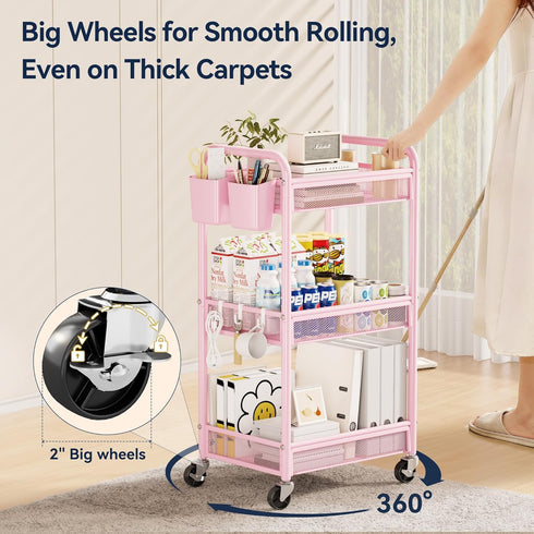 3 YASONIC Tier Rolling Cart Metal Utility Storage Cart with Wheels, Craft Cart Organizer with Hanging Cups, Hooks, Mesh