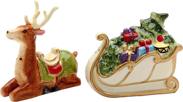 Cosmos 4" High Deer with Sleigh Ceramic Salt and Pepper Set, Multicolor