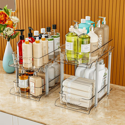 SuoXing 12.8" Tall 2 Tier Bathroom Cabinet Organizer, Set of 2 Clear Pull-Out Under Sink Organizers
