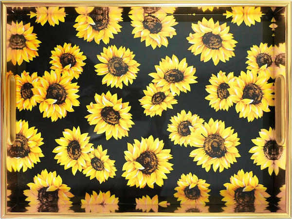 Sunflower Gold Decorative Tray Set of 2, Plastic Serving Tray with Handles,