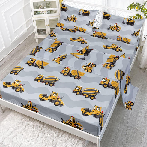 Datura home Construction Truck Sheet Set 4Pcs Grey Machinery Truck Excavators Vehicles Tractor Printed