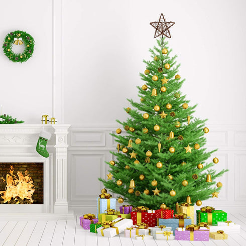 Rustic Christmas Tree Topper, Rattan Natural Star Hollowed-Out Star Ornaments with Coil Base for Holiday Decor