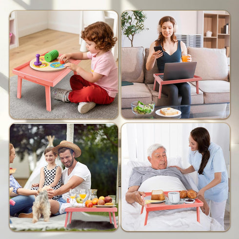 Bamboo Bed Table Tray with Support Bar and Foldable Legs, Breakfast Food Trays Table for Bed Sofa Eating and Laptops