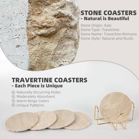 YONGHEE Set 5 Italian Travertine Coasters of with Holder, Round Beige Marble Drink Coasters for Coffee Table Decor