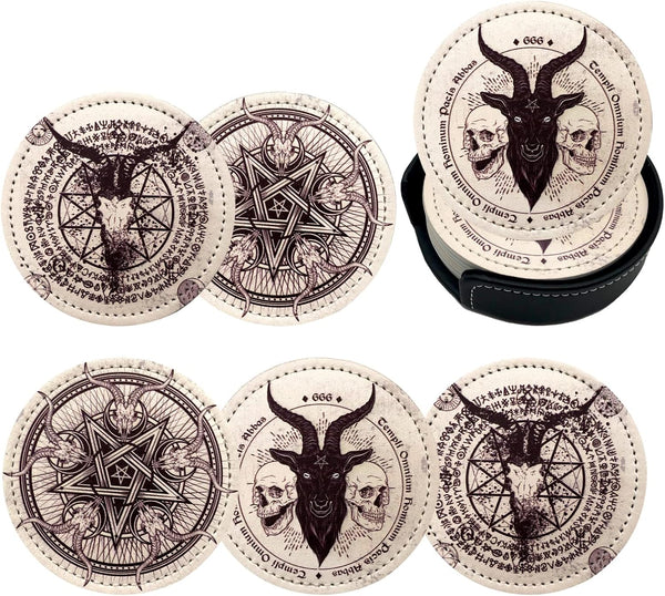 Yilad Satan Goat Skull Coasters for Drinks with Holder Leather Coasters Set of