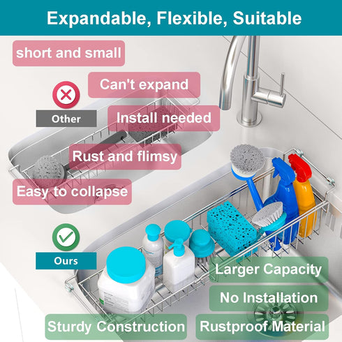 14.5" 22", Over The Kitchen Sink Caddy Sponge Holder Organizer Drying Rack Expandable for Sponge Brush Soap Dish Cloth
