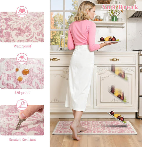 Sets 2, Desk,Sink(17''x29''+17''x47'') LEEVAN Pink Kitchen Mat of Vintage Distressed Anti Fatigue Memory Foam Kitchen