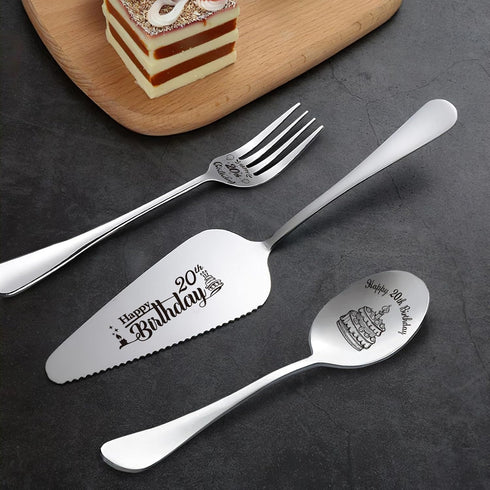 Happy 20th Birthday Personalized Laser-Engraved Stainless Steel Birthday Party Utensil Set - Cake Server, Spoon, and Fork for Son Daughter Boyfriend Girlfriend by VWALK