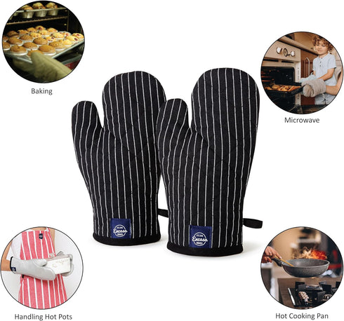 Encasa Homes Long Oven Mitts, 12" Heat Resistant Gloves (2 pc Set) for Kitchen Cooking & Baking - Butcher Stripes Black