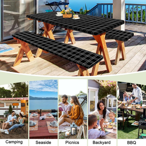 HobbLab Rv,72in,Black Picnic Table Cover with Bench Covers Portable Table Cloth Built-in Storage Pocket Fitted