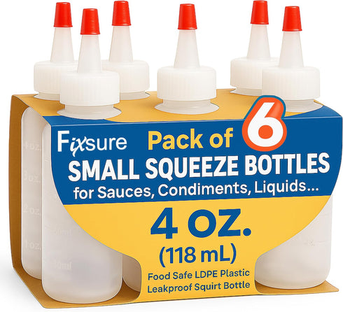 FIXSURE Plastic Squeeze Bottles with Red Tip Cap, 4 Oz Squirt Bottle