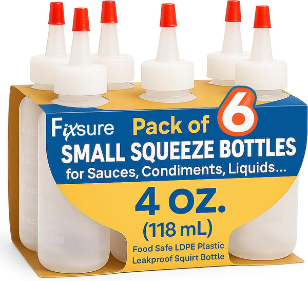 FIXSURE Plastic Squeeze Bottles with Red Tip Cap, 4 Oz Squirt Bottle
