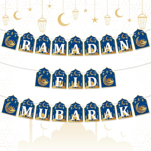 WATINC 2 in 1 Ramadan Banner Eid Mubarak Decoration, No DIY Needed Hanging Banners Decor for Home, Tree, Wall 10 Feet