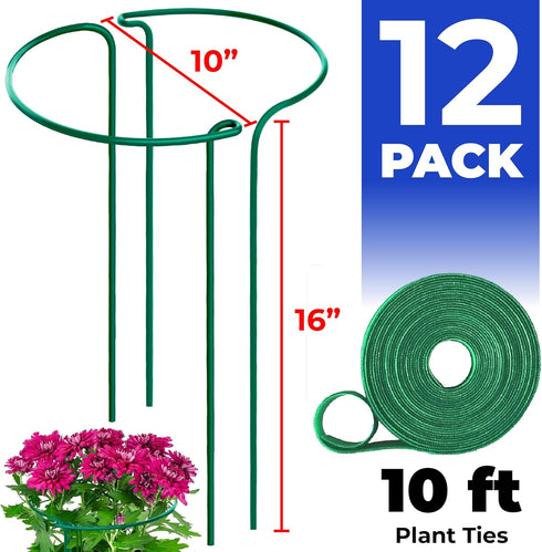 12 Pack 10" 16" K-Brands Plant Support Stakes Heavy-Duty Half Round Peony Support Ring and Cage for Indoor and Outdoor