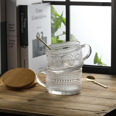 LANDNEOO Vintage Coffee Mugs Set - 4pcs 14oz Clear Glass Cups with Bamboo Lids & Spoons, Perfect Gifts for Women!