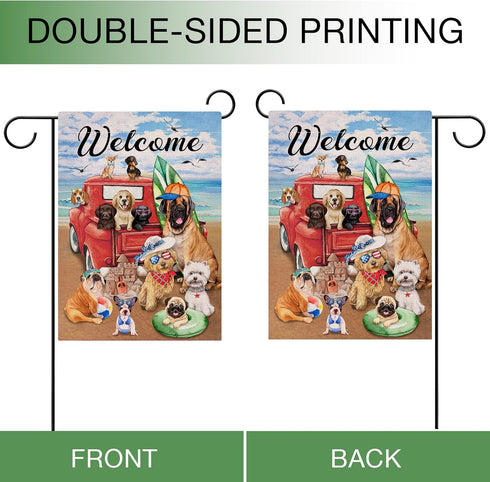 Welcome Summer Dogs Red Truck Beach Garden Flag, Double Sided, Ocean Coastal Nautical Decorative Yard Decor