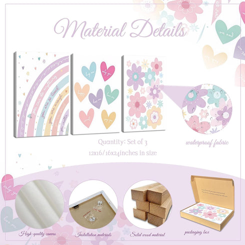 3 12x16in Pieces Nursery Boho Wall Art, Framed Cartoon Rainbow Canvas Prints, Colorful Heart Wall Decor, Cute Flower