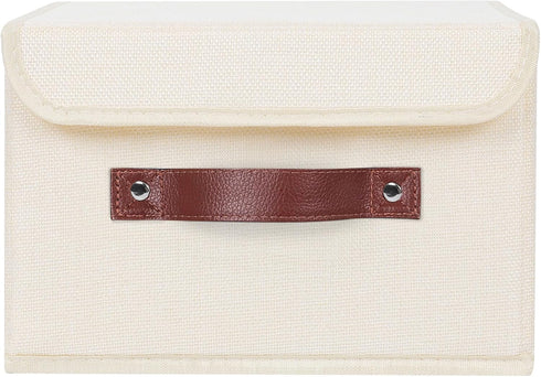 ANMINY Storage Bin with Lid Storage Boxes with PU Leather Handles PP Plastic Board Decorative Foldable Lidded Cotton Linen Fabric Home Cubes Baskets Closet Organizer Container - Beige, Small Size by ANMINY