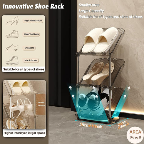 5 Patinao Sloping Narrow Shoe Rack Tiers - Free Standing Vertical Shoes Racks for Small Spaces and Corner, Shoe Storage