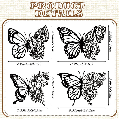 Pelopy 4 Pcs Butterfly Metal Wall Decor, Boho Iron Hanging Wall Art, Flower Wall Art for Bedroom Living Room, Black