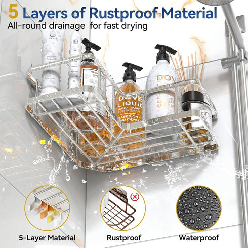 4 (3Pack, YASONIC Corner Shower Caddy Organizer, Self-Adhesive Rustproof Bath Shelves with Soap Holder & Hooks, Large