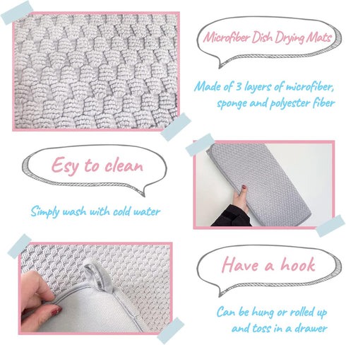 2 Pack Microfiber Dish Drying Mat 24*17 inch, Absorbent Dish Drainer for Kitchen Counter, Sinks, Draining Racks (Gray)