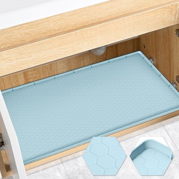 Under Sink Mat, 28" x 22" Silicone Mats for Kitchen, Waterproof Cabinet Organizers and Storage, Light Blue