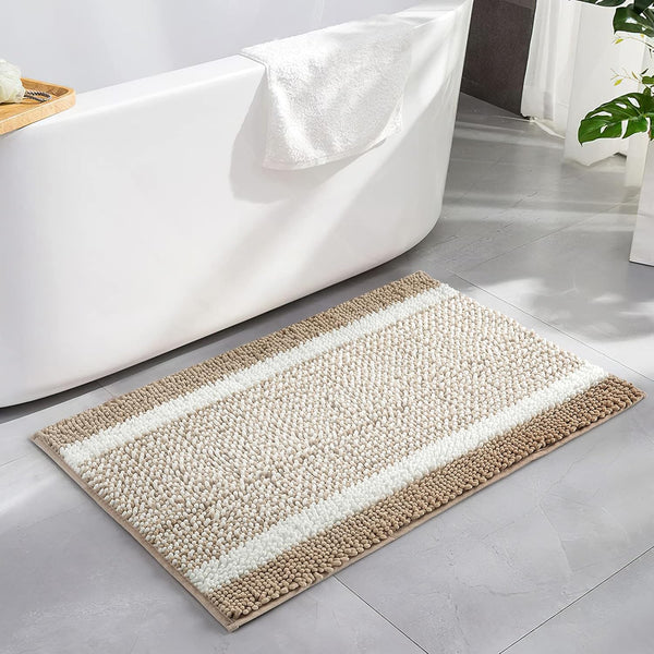 MILVOWOC Luxury Chenille Shaggy Bath Mats, Non-Skid Soft Rugs for Bathroom, Machine Wash/Dry, Khaki/White (17x24 Inch)