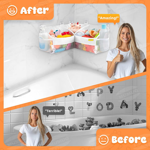 3 Compartments Bath Toy Storage Corner Bath Toy Holder for Bathtub, Kids Tub Toys Organizer with Adhesive Hooks