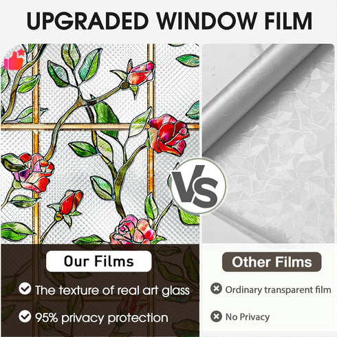 Windimiley 3D Rose Stained Glass Window Privacy Film, Non Adhesive Flower Window Tint for Bathroom (16.9 x 39.4 in)