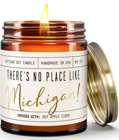 Michigan Gifts, 'There's No Place Like Michigan' Candle, Hot Apple Cider, 9oz Jar, 50Hr Burn, USA Made