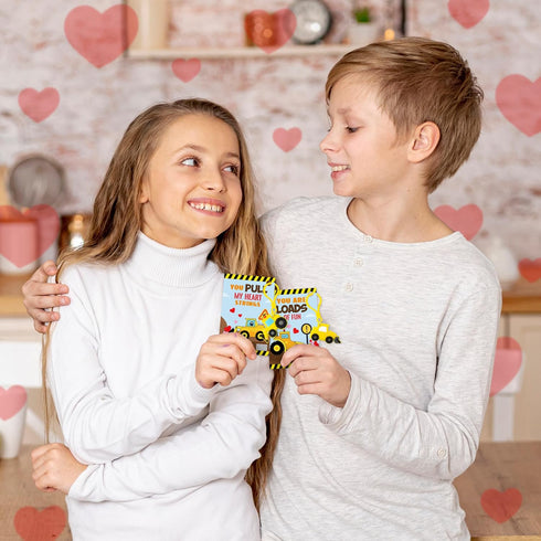 30 Pack Haooryx Valentine's Day Gift Cards with Construction Vehicles Keychains - Engineering Truck Keychain Key Rings