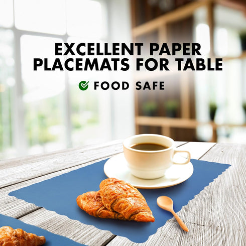 Fit Meal Prep 100 Pack Disposable Paper Placemats, 14 x 10 Inch Blue with Wavy Scalloped Edge for Restaurant Catering
