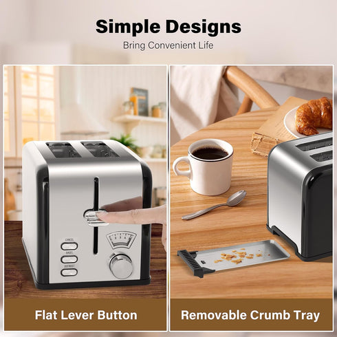 Simple Deluxe Stainless Steel Toaster, 2 Slice, Extra Wide Slot & Removable Crumb Tray, 5 Shade Options,
